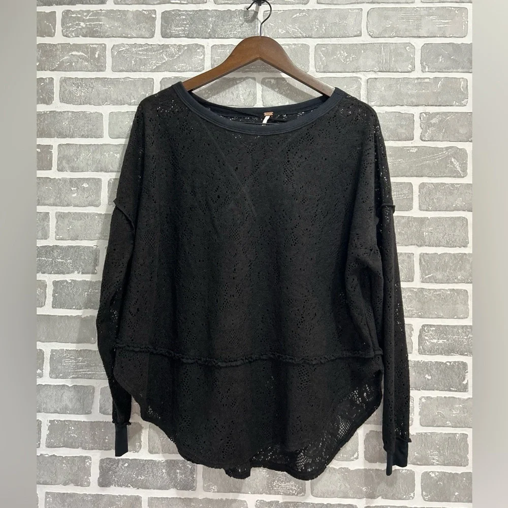 Free People Not Cold In This Knit Top Black Lace Open Knit Boho Oversized Small